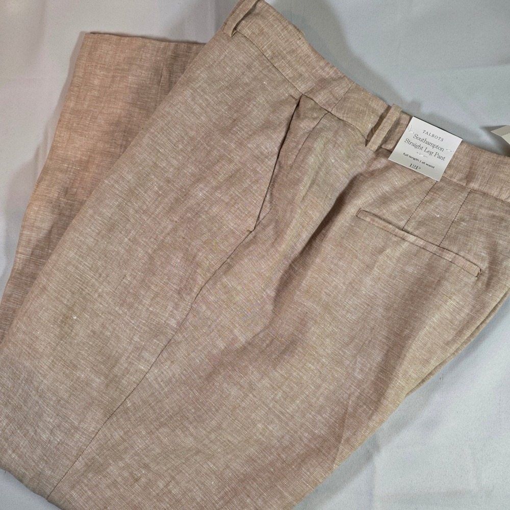 Talbots Southampton Straight Leg 100% Linen Pants Tan Beige 12P Petite NWT - Picture 10 of 10